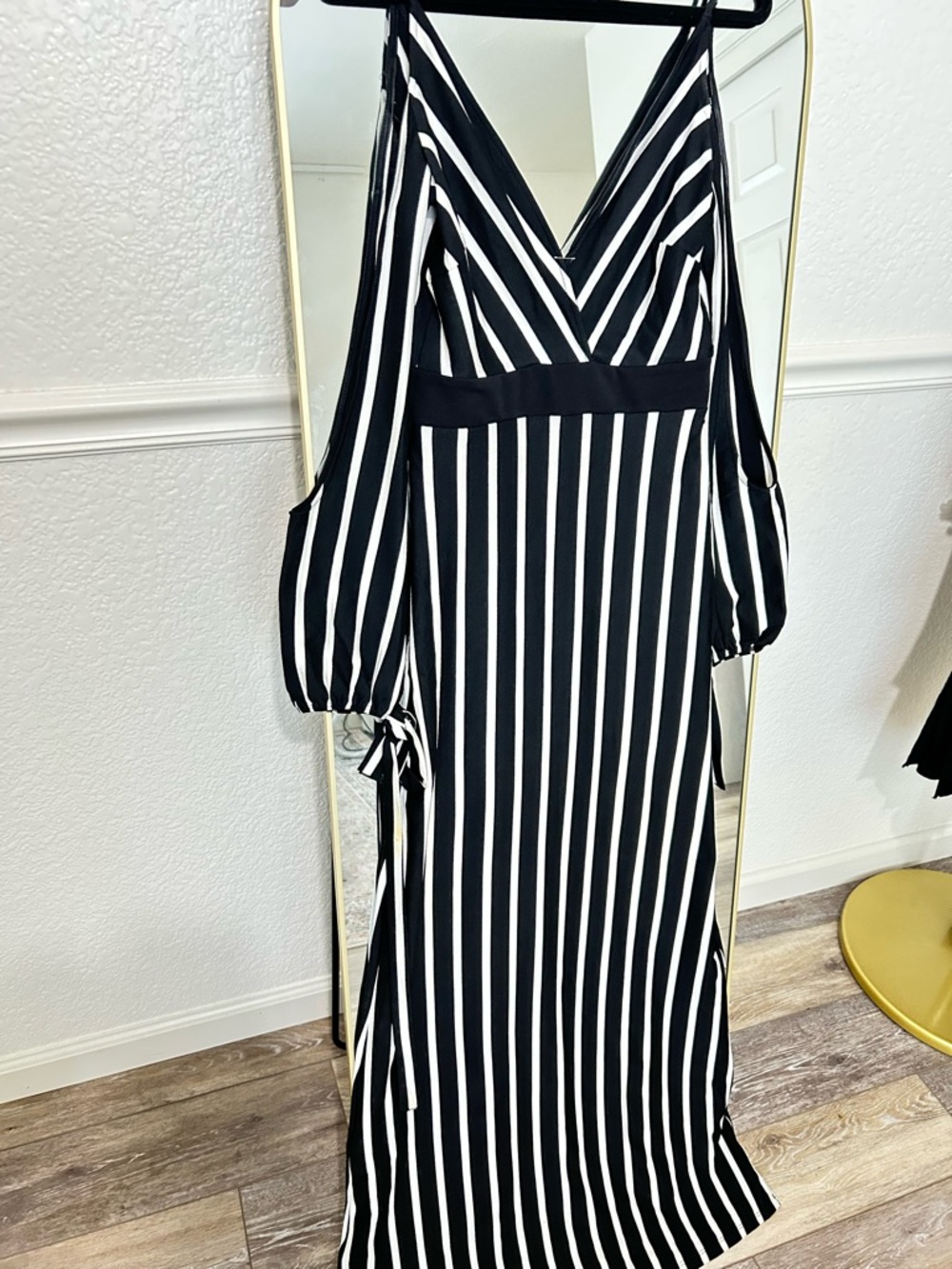 Forever 21 Black and White Vertical Stripe Cold-Shoulder Maxi Dress